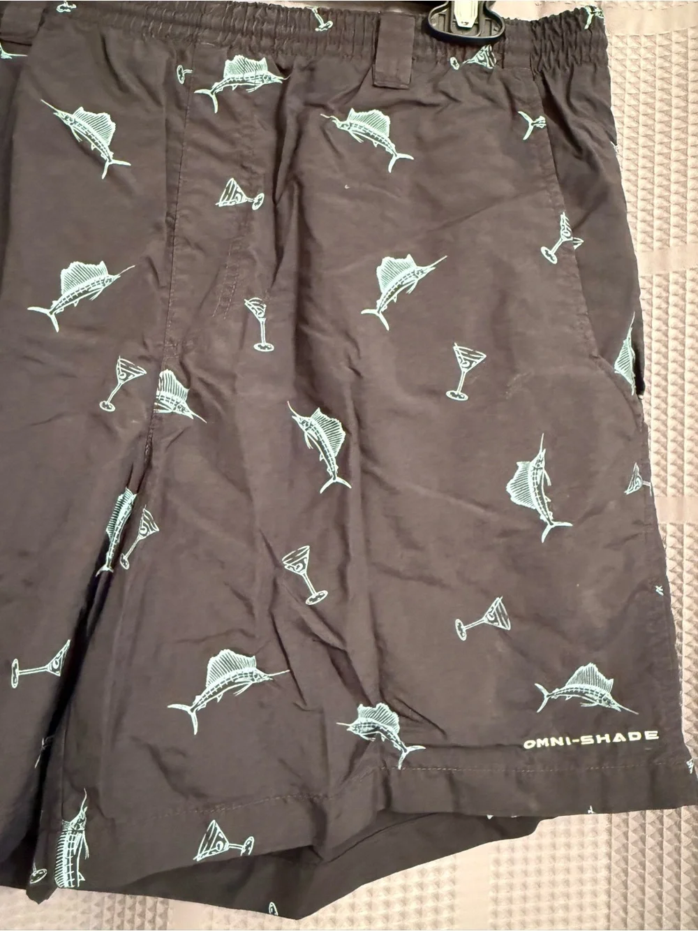 Columbia PFG Black Swim Trunks with Marlin Fish & Martini Cocktail Print